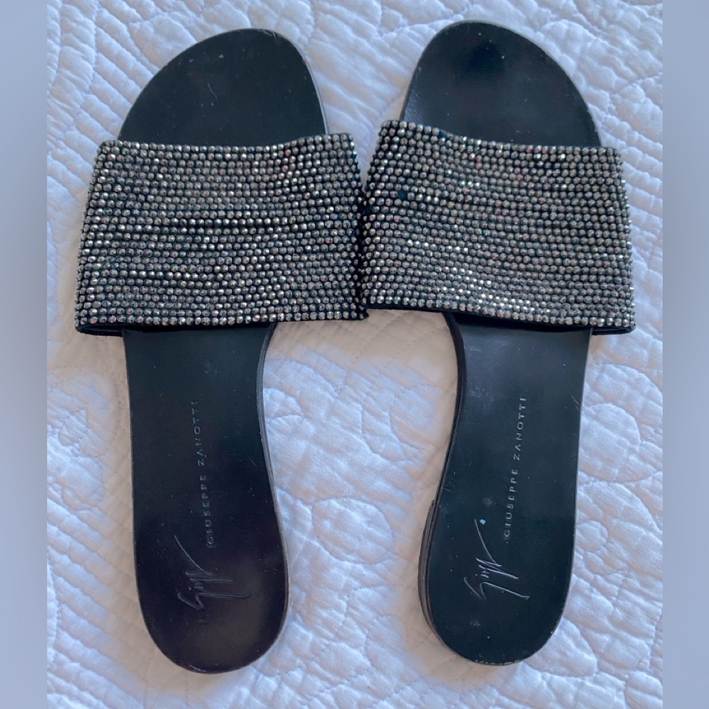 Giuseppe Zanotti Black Jeweled Swarovski Studded Flat Slide Sandals